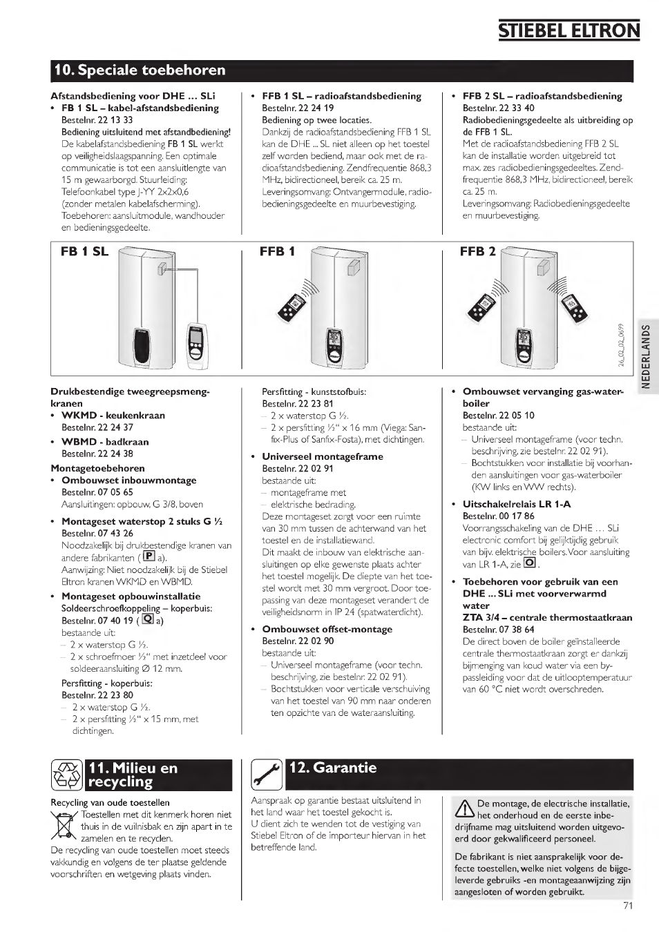 Speciale toebehoren, Milieu en, Recycling | Garantie, Stiebel eltron, Milieu en recycling | STIEBEL ELTRON DHE 18 SLI 25 A User Manual | Page 71 / 176
