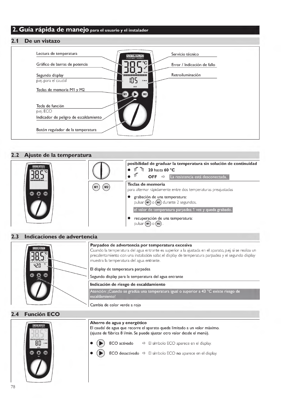 Guía rápida de manejo, 1 de un vistazo, 2»2 ajuste de la temperatura | 3 indicaciones de advertencia, 4 función eco | STIEBEL ELTRON DHE 18 SLI 25 A User Manual | Page 78 / 176