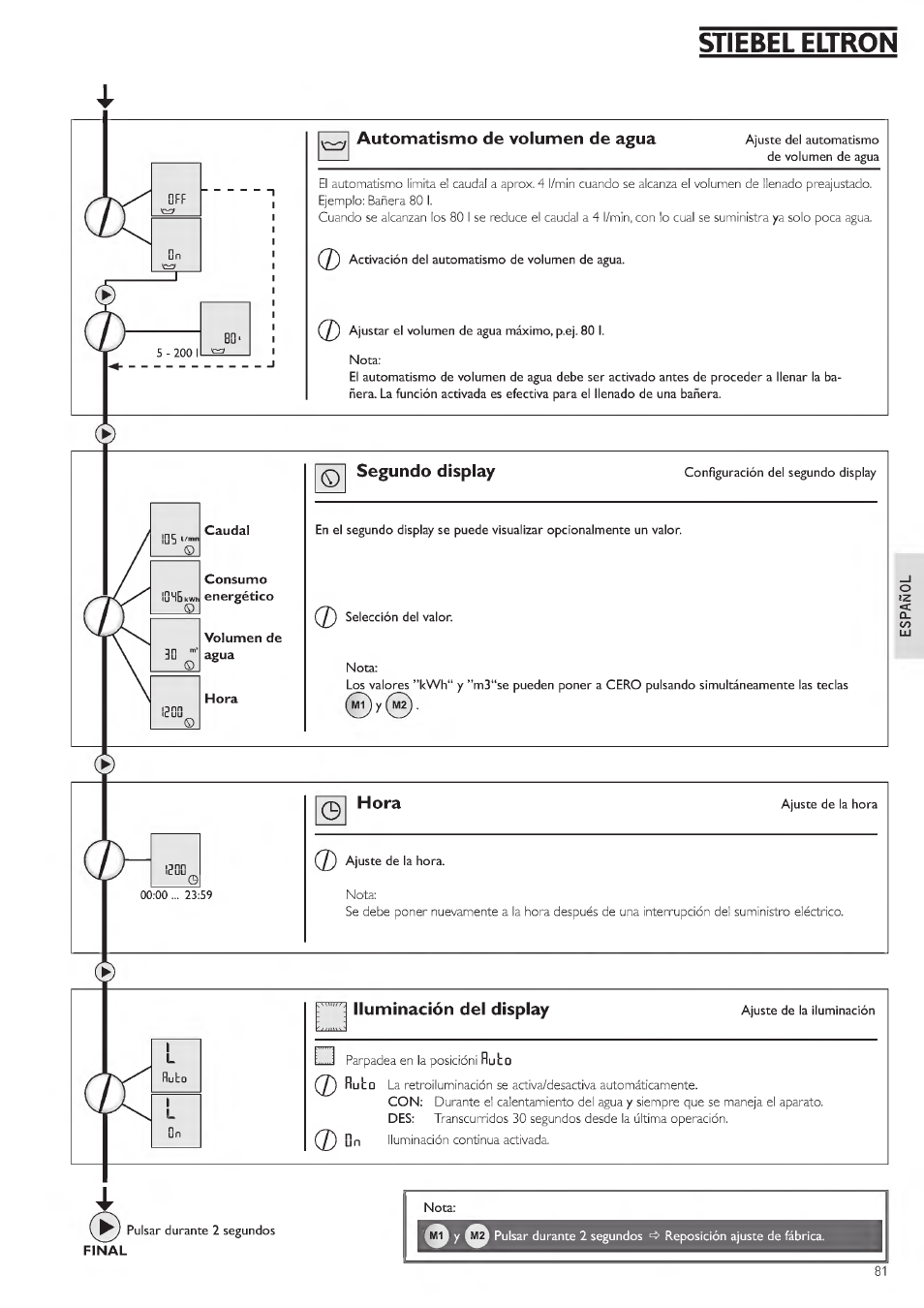 Automatismo de volumen de agua, Segundo display, Hora | Iluminación del display, Stiebel eltron | STIEBEL ELTRON DHE 18 SLI 25 A User Manual | Page 81 / 176