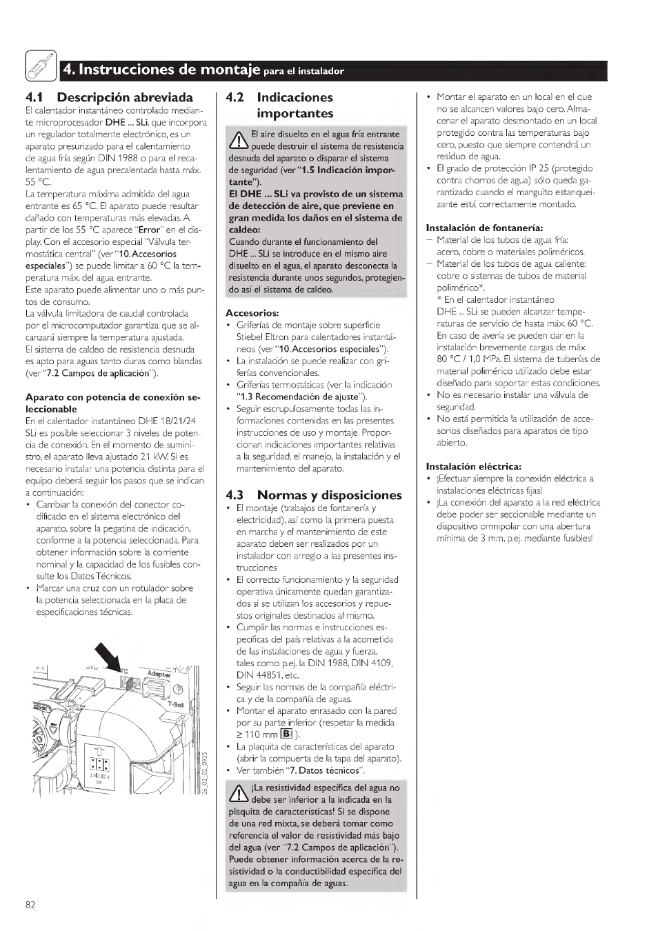 Instrucciones de montaje para el inscaiador, 1 descripción abreviada, 2 indicaciones importantes | El aire disuelto en el fn:- enerante, 3 normas y disposiciones, Instrucciones de montaje | STIEBEL ELTRON DHE 18 SLI 25 A User Manual | Page 82 / 176