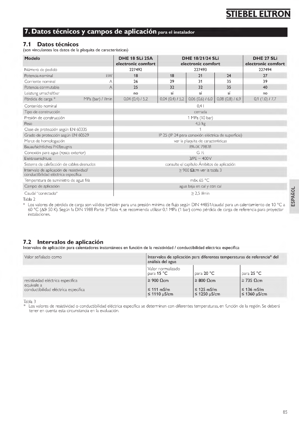 1 datos técnicos, 2 intervalos de aplicación, Stiebel eltron | 7« datos técnicos y campos de aplicación, Bhl.i | STIEBEL ELTRON DHE 18 SLI 25 A User Manual | Page 85 / 176