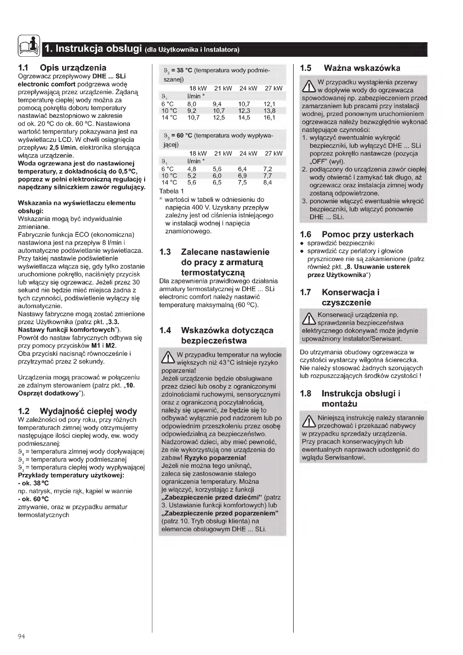 Instrukcja obslugi, Montazu, 1 opis urz^dzenia | 2 wydajnosc cieptej wody, 4 wskazówka dotyczqca bezpieczehstwa, 5 wazna wskazówka, 6 pomoc przy usterkach, 7 konserwacjai czyszczenie, 8 instrukcja obslugi i | STIEBEL ELTRON DHE 18 SLI 25 A User Manual | Page 94 / 176