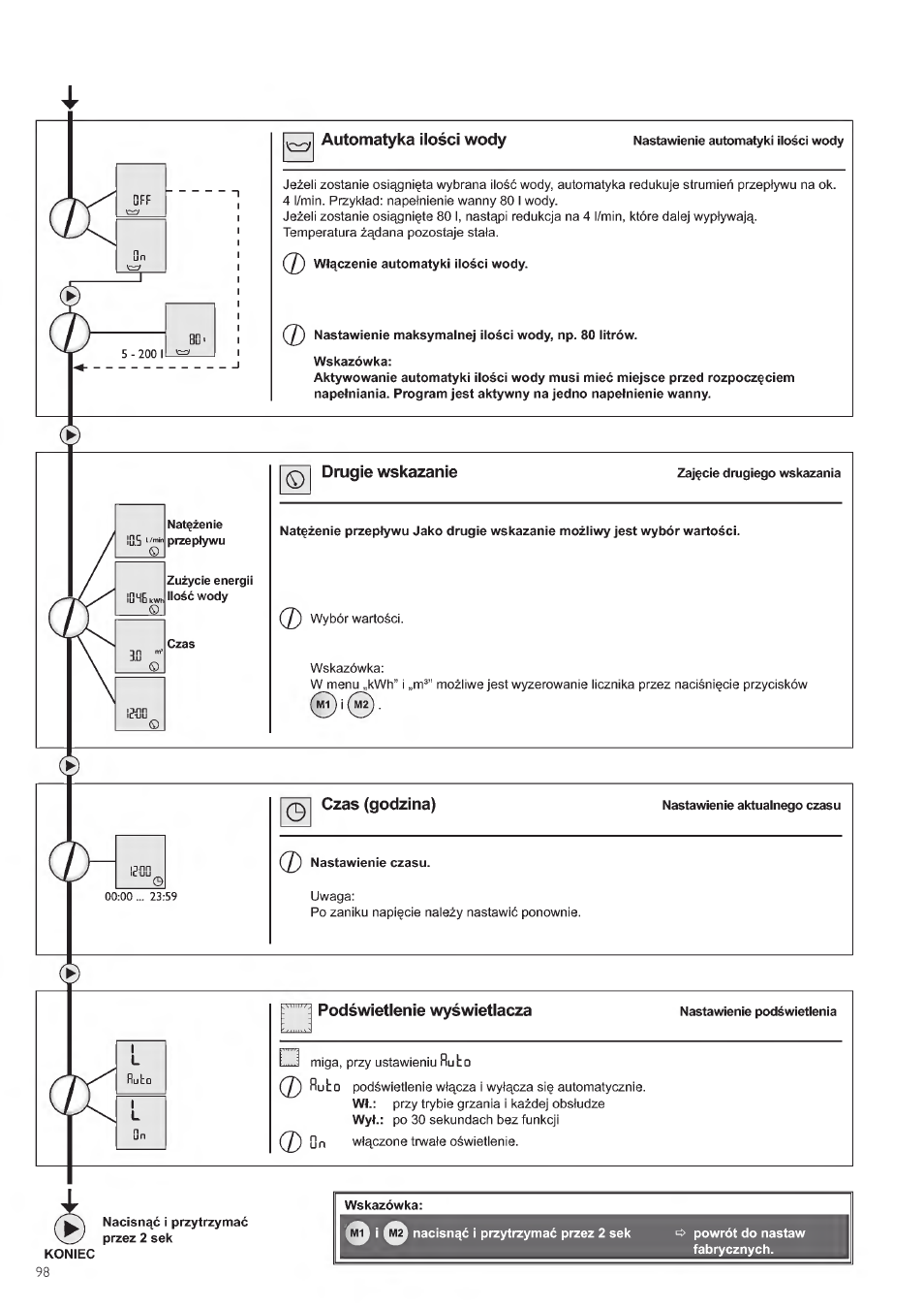 Automatyka mosci wc>dy, Drugie w$kazanie, Podswietlenie wyiwietlacza | STIEBEL ELTRON DHE 18 SLI 25 A User Manual | Page 98 / 176