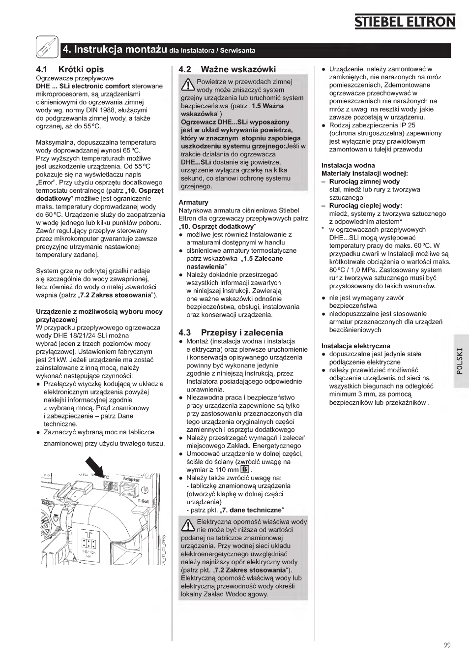 3 przepisy i zalecenía, Stiebel eltron, Instrukcja montazu | 1 krótki opis, 2 wazne wskazówki | STIEBEL ELTRON DHE 18 SLI 25 A User Manual | Page 99 / 176