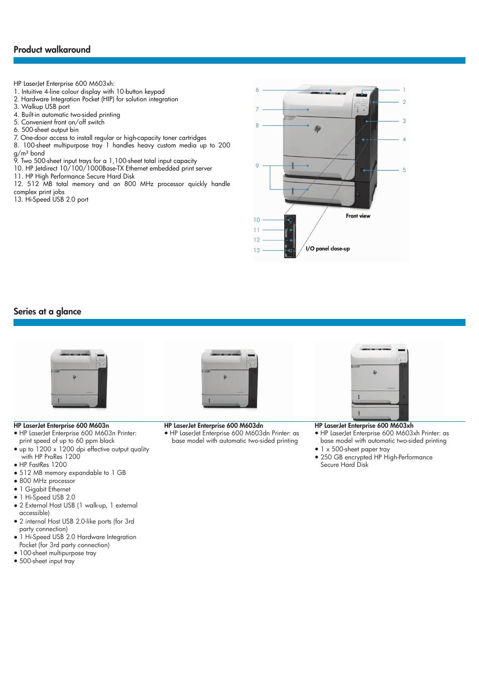 Product walkaround, Series at a glance | TROY Group Hewlett-Packard LaserJet M603 Datasheet User Manual | Page 2 / 4