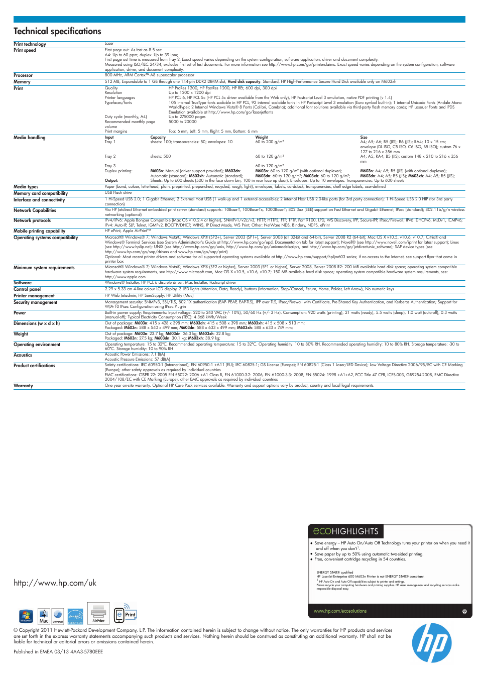 Technical specifications | TROY Group Hewlett-Packard LaserJet M603 Datasheet User Manual | Page 4 / 4