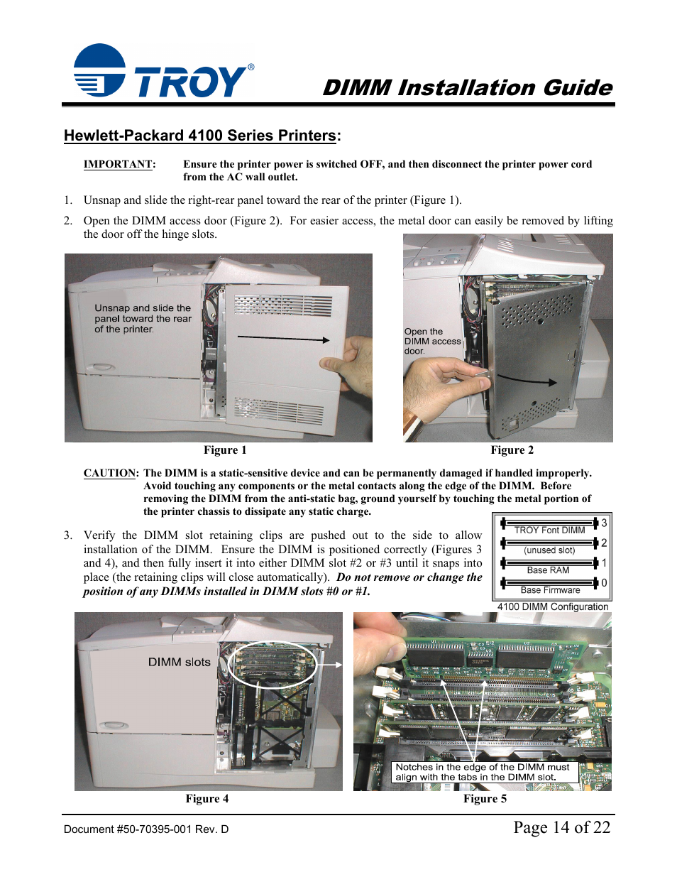 4100 dimm installation guide, Hewlett-packard 4100 series printers, Hp 4100 printer | Dimm installation guide, Page 14 of 22 | TROY Group Hewlett-Packard LaserJet 9000 Font DIMM Kit Installation Guide User Manual | Page 14 / 22