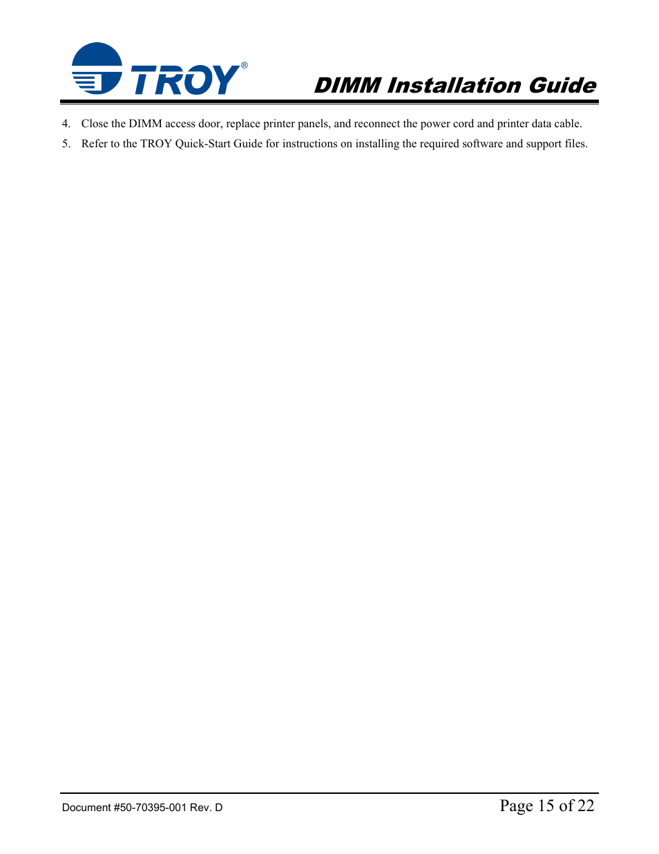 Dimm installation guide | TROY Group Hewlett-Packard LaserJet 9000 Font DIMM Kit Installation Guide User Manual | Page 15 / 22