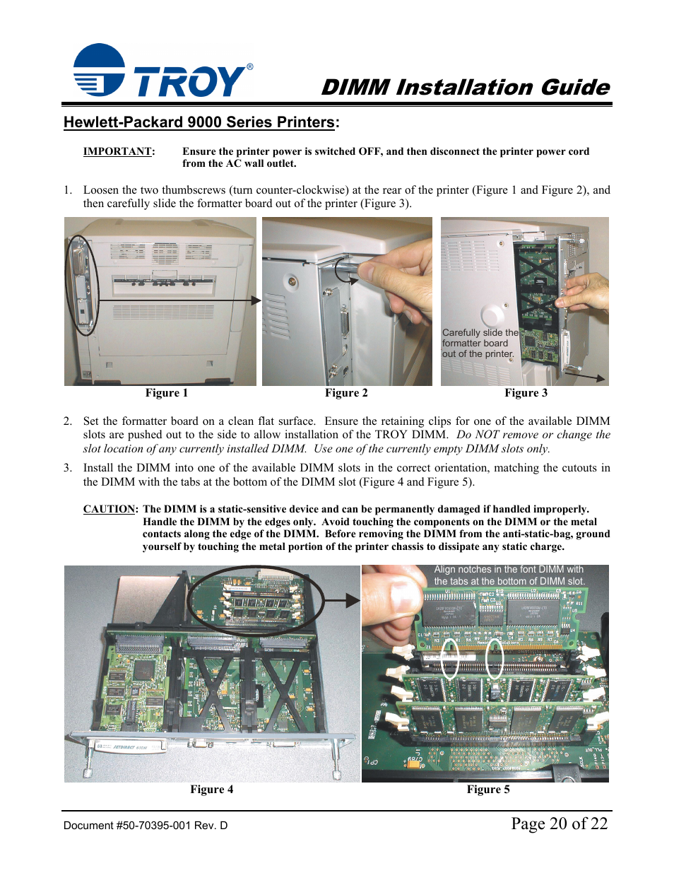 9000 dimm installation guide, Hewlett-packard 9000 series printers, Hp 9000 printer | Dimm installation guide, Page 20 of 22 | TROY Group Hewlett-Packard LaserJet 9000 Font DIMM Kit Installation Guide User Manual | Page 20 / 22