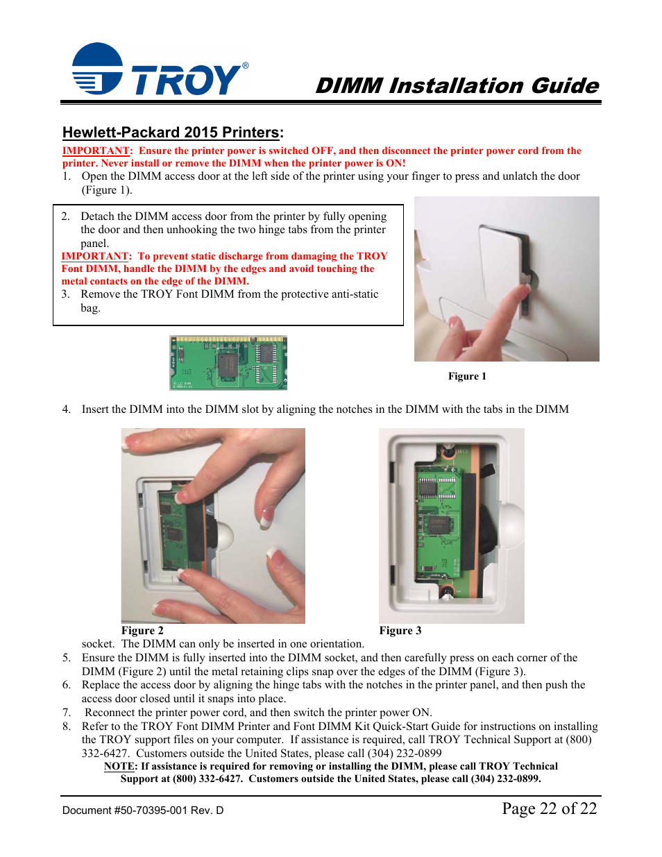 2015 dimm installation guide, Hewlett-packard 2015 printers, Hp 2015 printer | Dimm installation guide, Page 22 of 22 | TROY Group Hewlett-Packard LaserJet 9000 Font DIMM Kit Installation Guide User Manual | Page 22 / 22