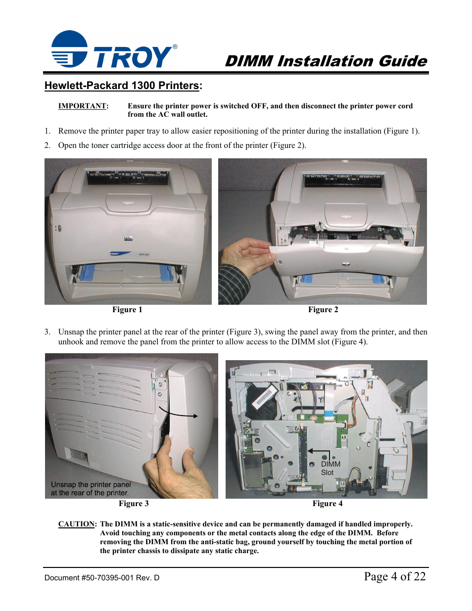 1300 dimm installation guide, Hewlett-packard 1300 printers, Hp 1300 printer | Dimm installation guide, Page 4 of 22 | TROY Group Hewlett-Packard LaserJet 9000 Font DIMM Kit Installation Guide User Manual | Page 4 / 22
