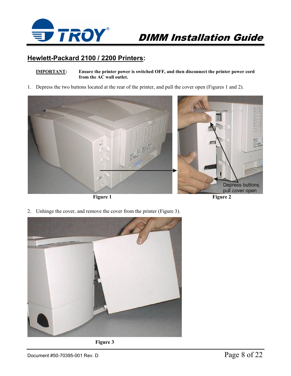 2100 dimm installation guide, Hewlett-packard 2100 / 2200 printers, Hp 2100 / 2200 printer | Dimm installation guide, Page 8 of 22 | TROY Group Hewlett-Packard LaserJet 9000 Font DIMM Kit Installation Guide User Manual | Page 8 / 22