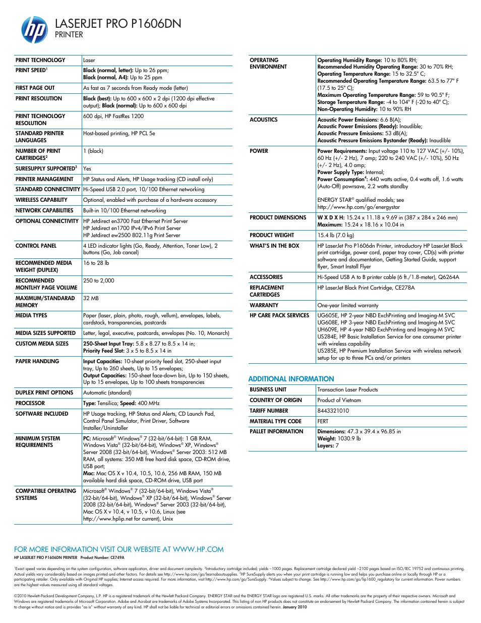 Laserjet pro p1606dn, Printer, Additional information | TROY Group Hewlett-Packard LaserJet PRO P1606DN Datasheet User Manual | Page 2 / 2