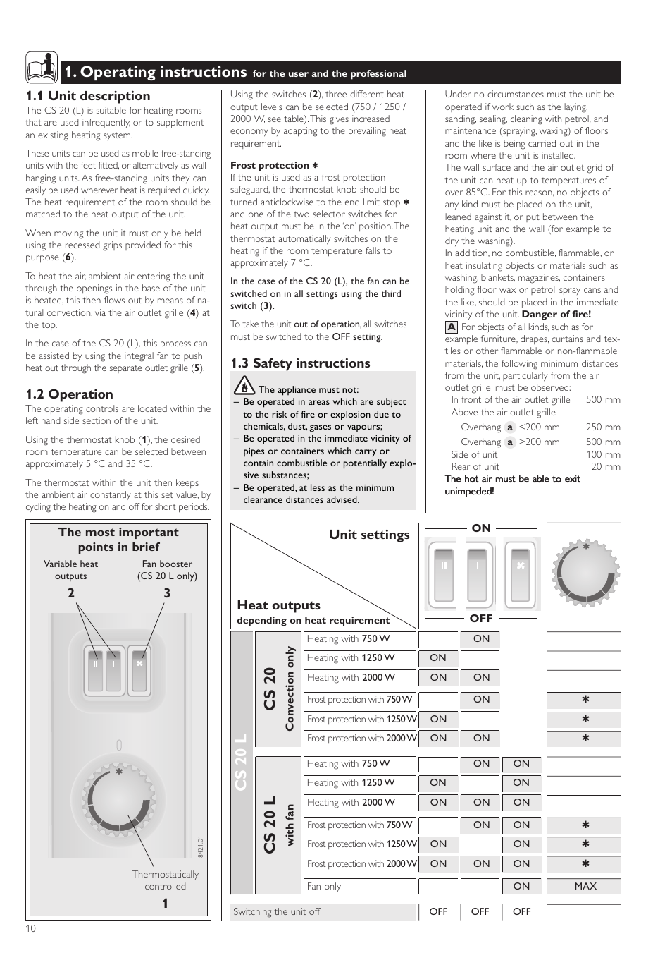 Cs 20, Cs 20 l, Operating instructions | Unit settings heat outputs, 1 unit description, 2 operation, 3 safety instructions | STIEBEL ELTRON CS 20 L User Manual | Page 10 / 20