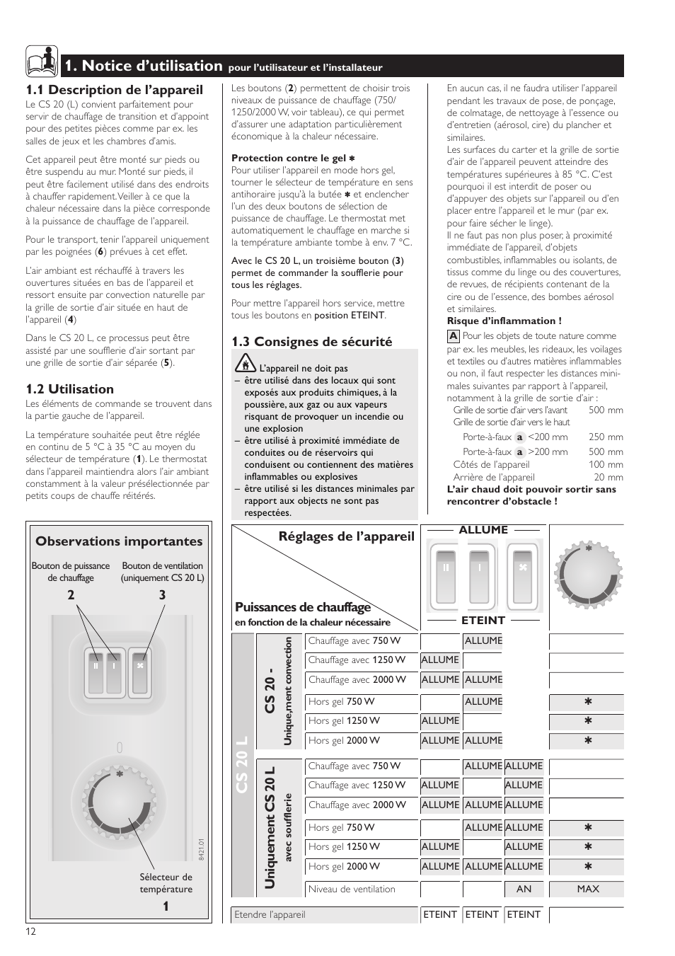 Cs 20 l, Notice d’utilisation, Observations importantes | Cs 20, Uniquement cs 20 l, Réglages de l’appareil puissances de chauffage, 1 description de l’appareil, 2 utilisation, 3 consignes de sécurité | STIEBEL ELTRON CS 20 L User Manual | Page 12 / 20