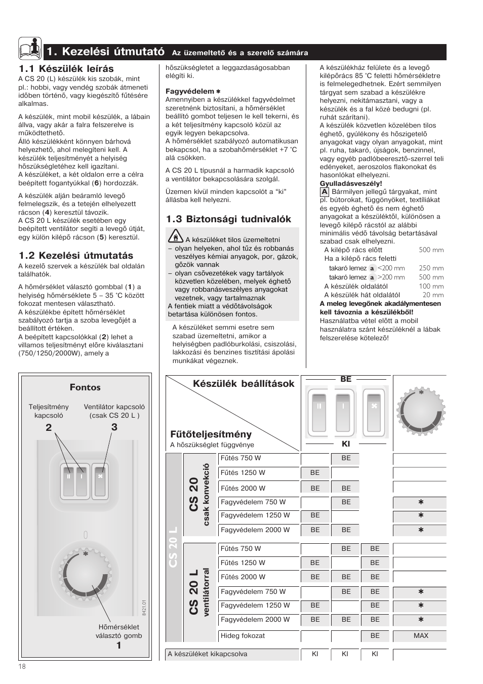 Cs+ 20, Cs+20+l, Cs 20 l | +kezelési+útmutató, Fontos, Készülék+beállítások fűtőteljesítmény, 1+készülék+leírás, 2+kezelési+útmutatás, 3+biztonsági+tudnivalók | STIEBEL ELTRON CS 20 L User Manual | Page 18 / 20