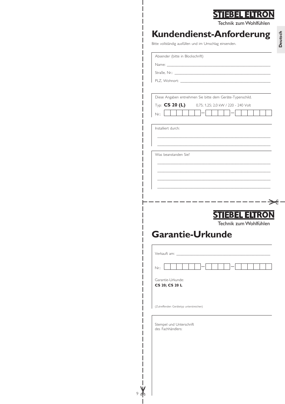 Kundendienst-anforderung, Garantie-urkunde | STIEBEL ELTRON CS 20 L User Manual | Page 9 / 20