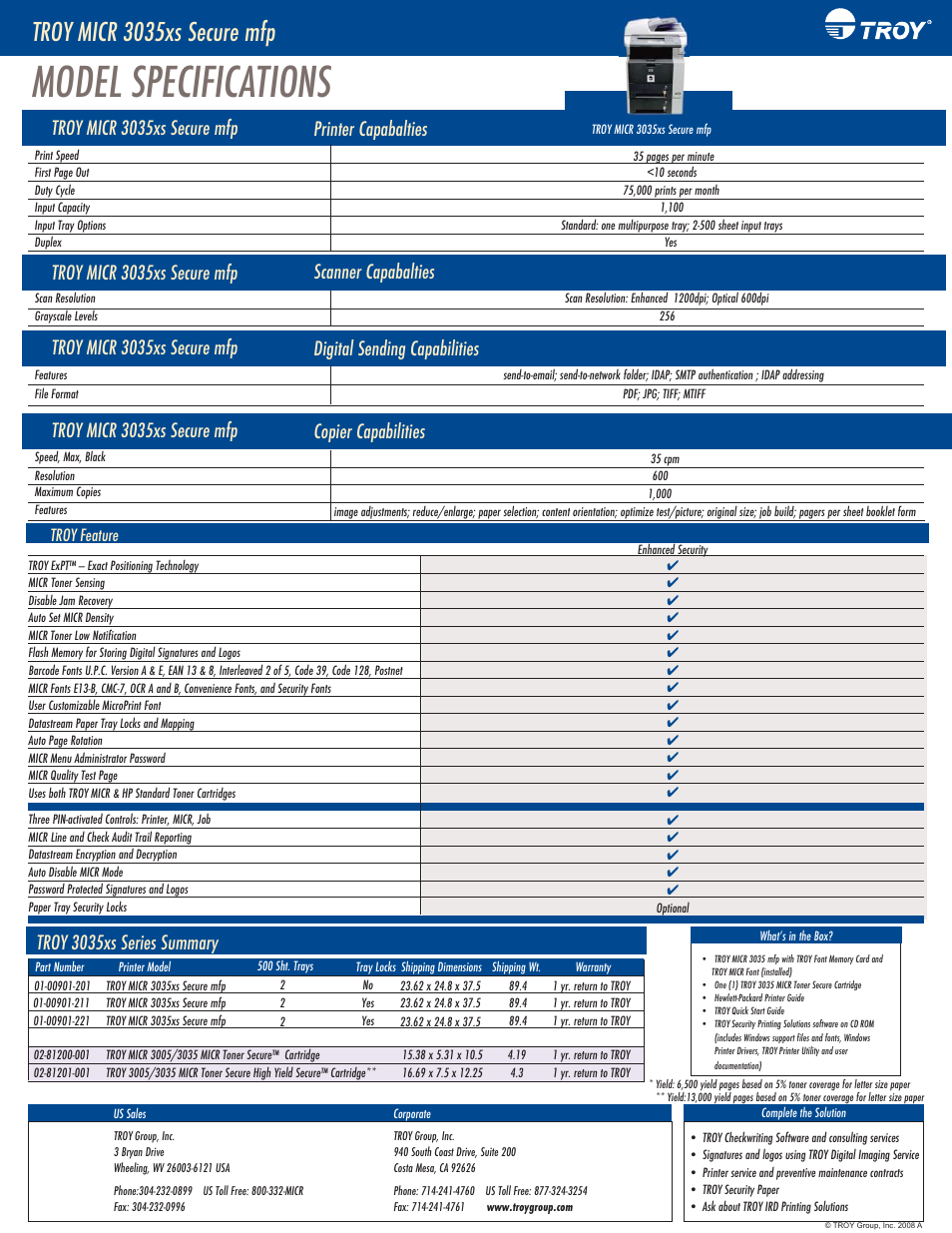 Model specifications, Troy micr 3035xs secure mfp, Troy 3035xs series summary | TROY Group MICR 3035 MFP Datasheet User Manual | Page 2 / 2