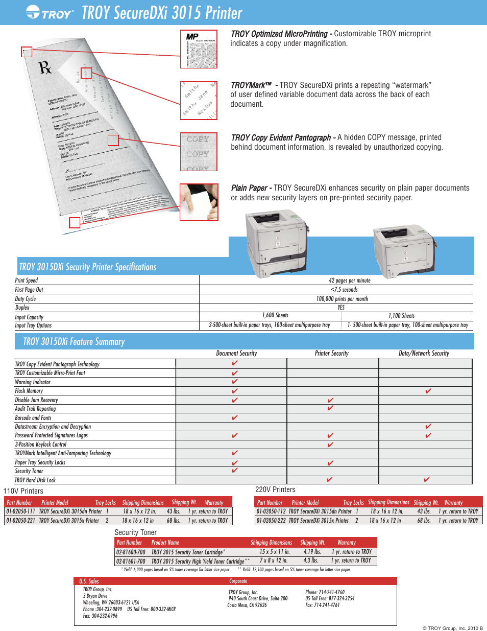 Troy securedxi 3015 printer, Troy 3015dxi feature summary, Troy 3015dxi security printer specifications | TROY Group SecureDXi 3015 Datasheet User Manual | Page 2 / 2