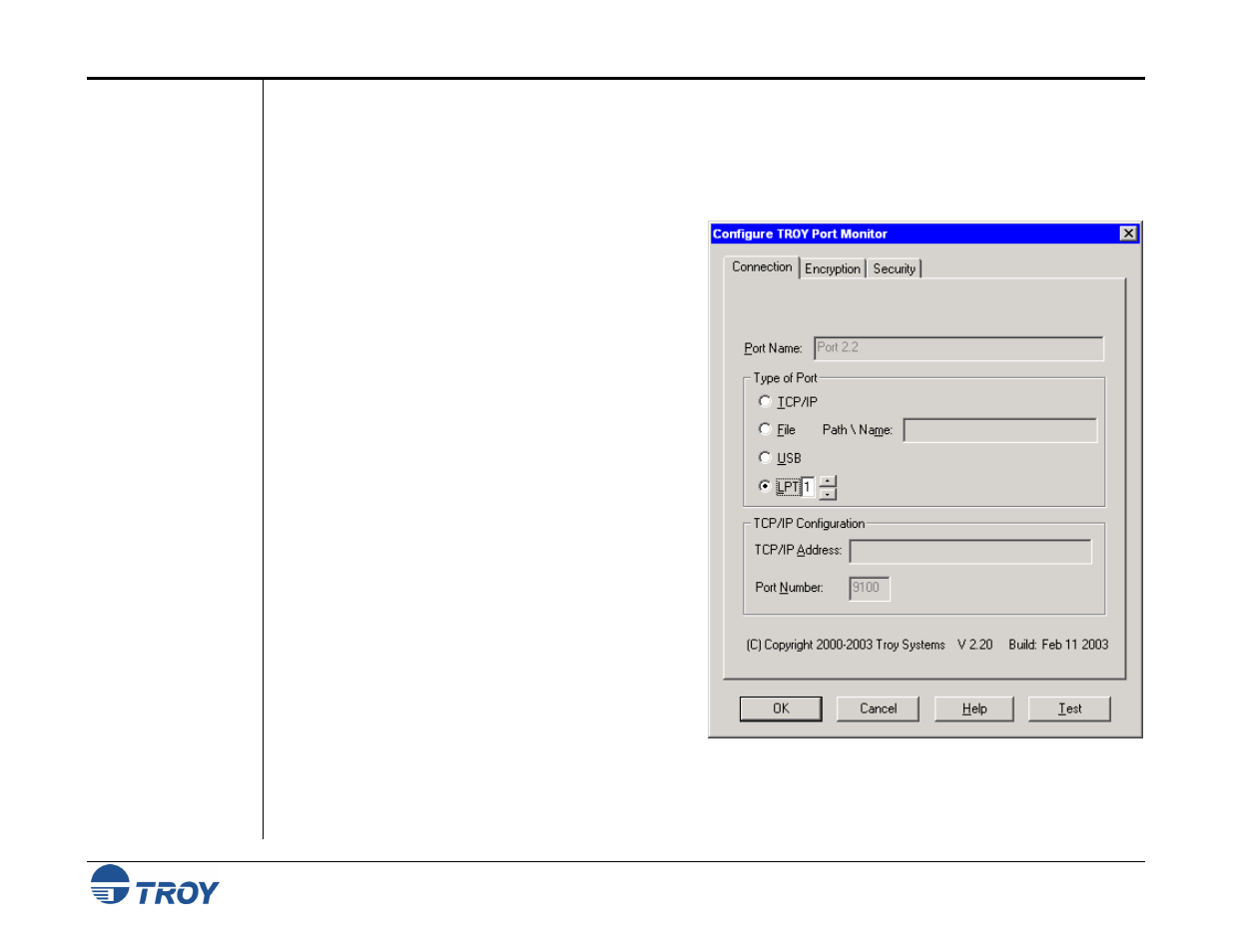 Using the troy port monitor, Connection tab | TROY Group MICR_IRD 4300 Security Printing Solutions User’s Guide User Manual | Page 107 / 164