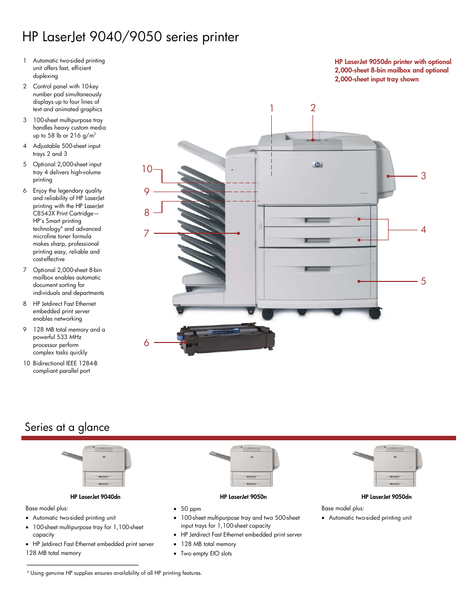 Hp laserjet 9040/9050 series printer, Series at a glance | TROY Group Hewlett-Packard LaserJet 9050dn Datasheet User Manual | Page 2 / 4