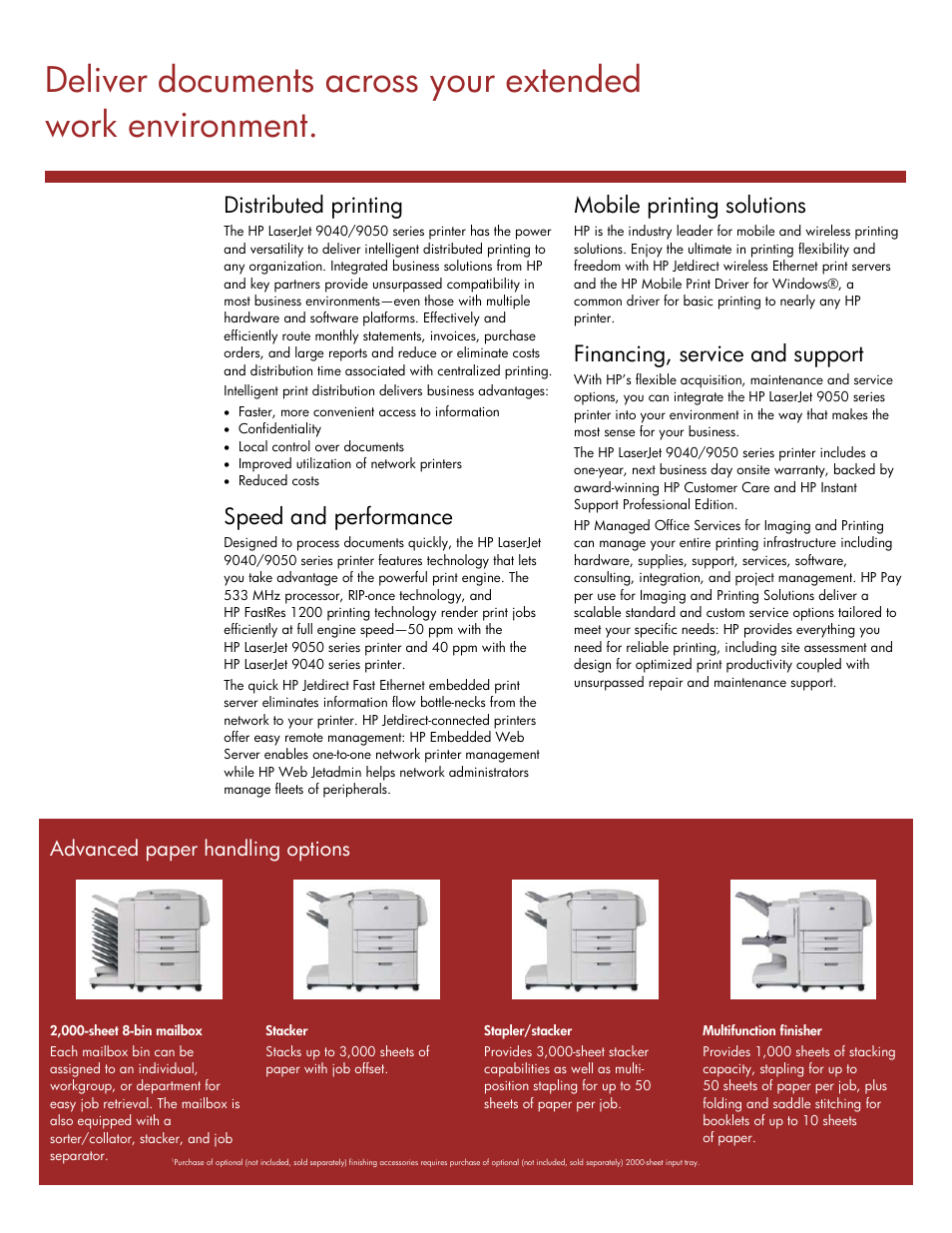 Distributed printing, Speed and performance, Mobile printing solutions | Financing, service and support, Advanced paper handling options | TROY Group Hewlett-Packard LaserJet 9050dn Datasheet User Manual | Page 3 / 4