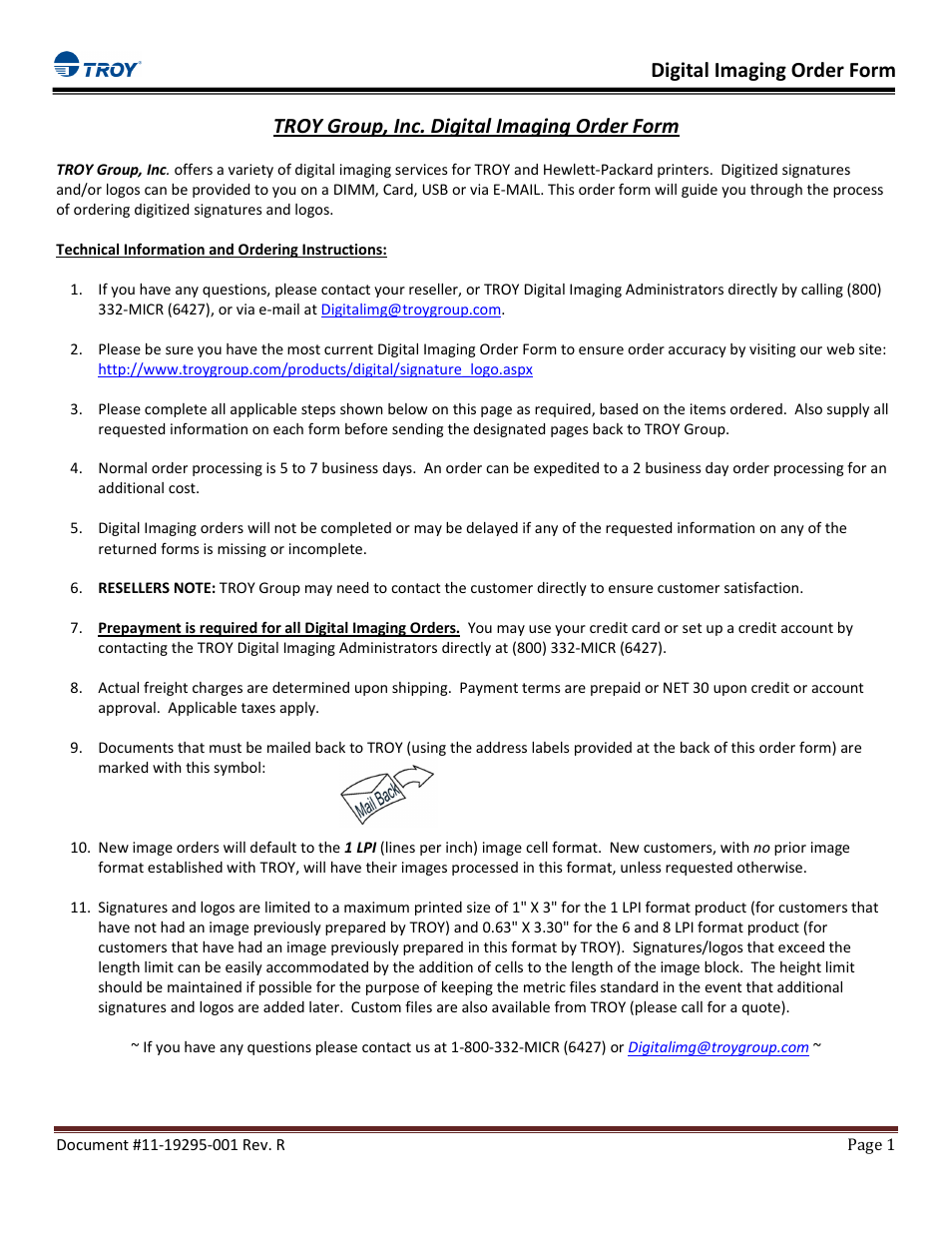 TROY Group Digital Imaging Order Form User Manual | 6 pages