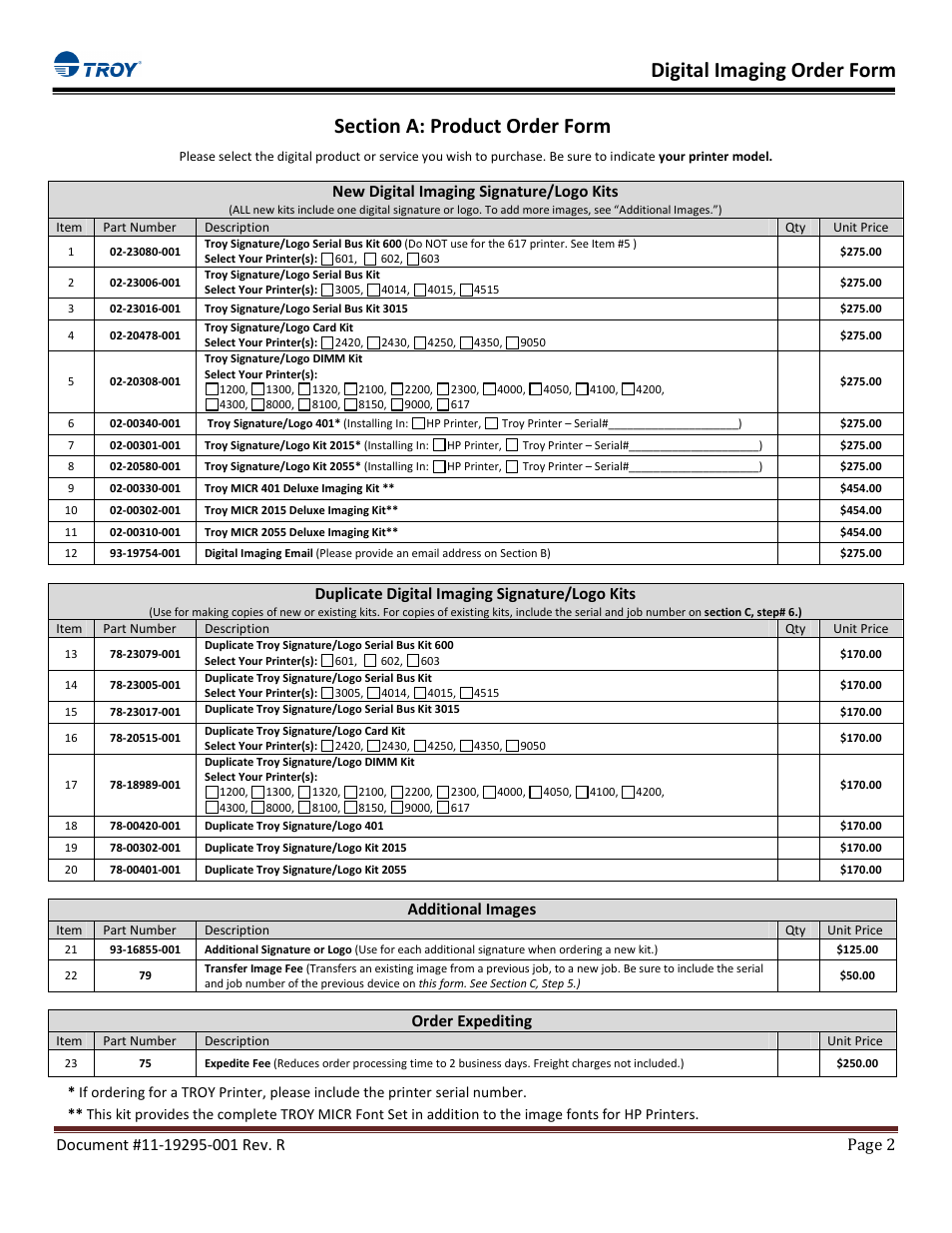 Digital imaging order form, New digital imaging signature/logo kits, Duplicate digital imaging signature/logo kits | Additional images, Order expediting | TROY Group Digital Imaging Order Form User Manual | Page 2 / 6