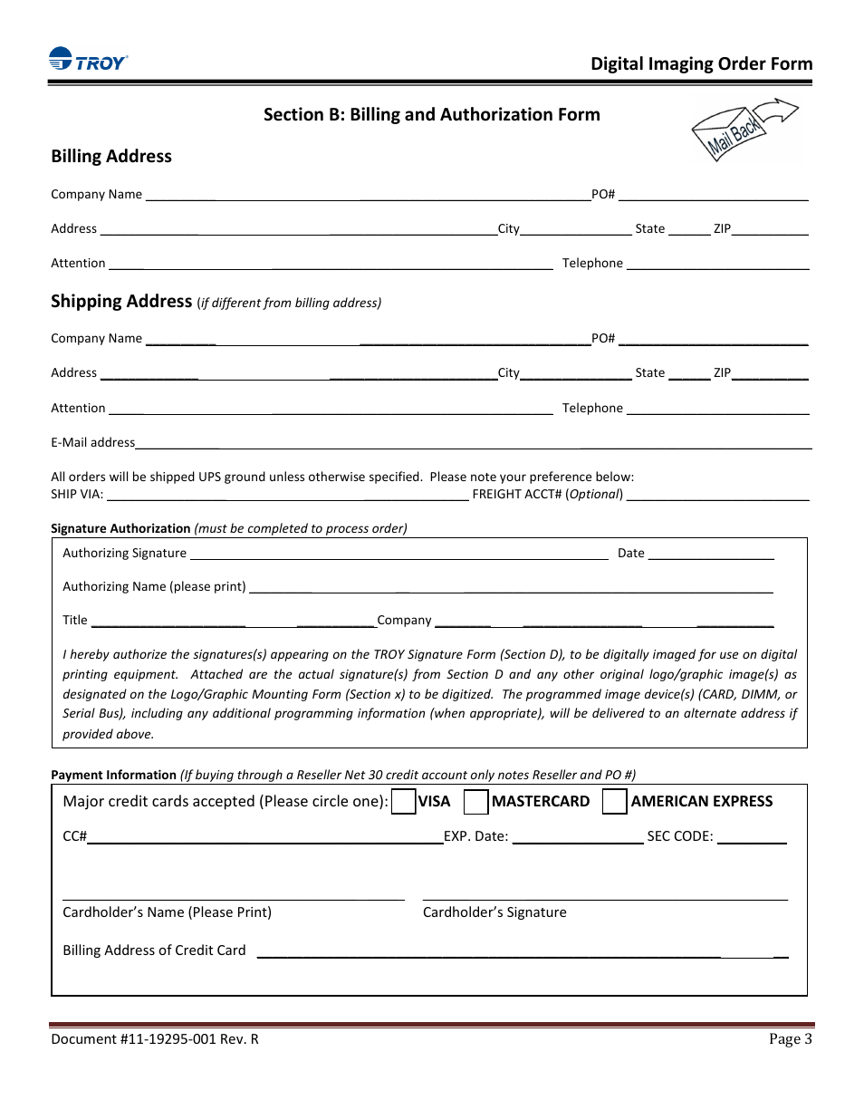 Digital imaging order form, Shipping address | TROY Group Digital Imaging Order Form User Manual | Page 3 / 6