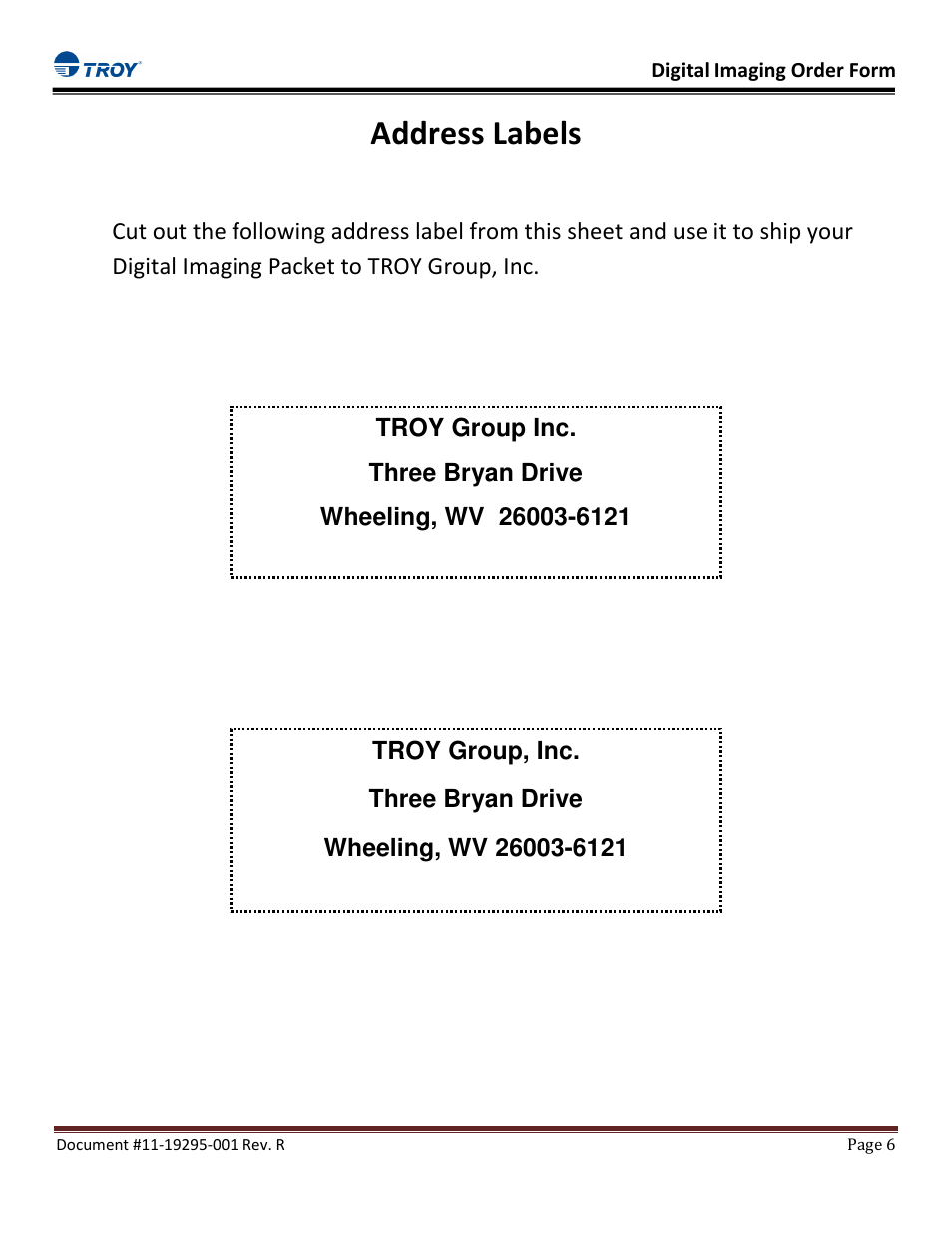 Address labels | TROY Group Digital Imaging Order Form User Manual | Page 6 / 6