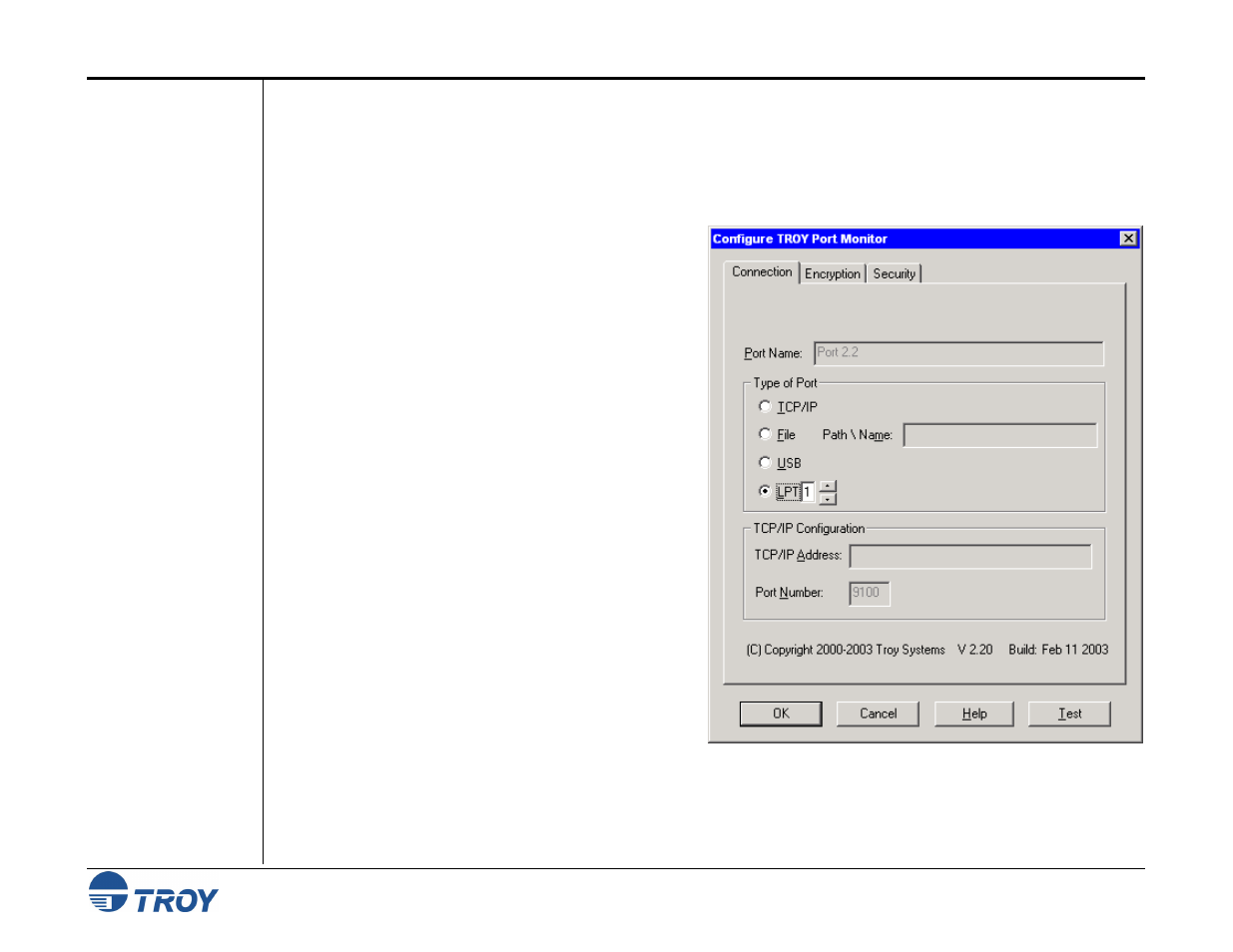 Using the troy port monitor, Connection tab | TROY Group MICR_IRD 9000 1UP MICR Printing Solutions User’s Guide User Manual | Page 95 / 160