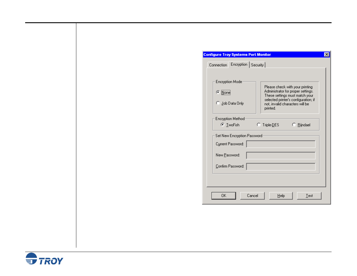 Encryption tab | TROY Group MICR_IRD 9000 1UP MICR Printing Solutions User’s Guide User Manual | Page 96 / 160