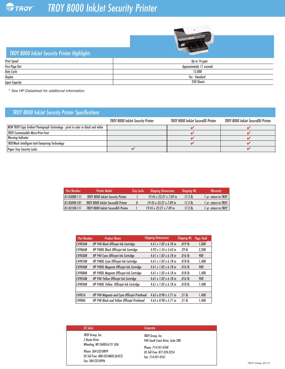 Troy 8000 inkjet security printer, Troy 8000 inkjet security printer specifications, Troy 8000 inkjet security printer highlights | TROY Group 8000 InkJet Datasheet User Manual | Page 2 / 2