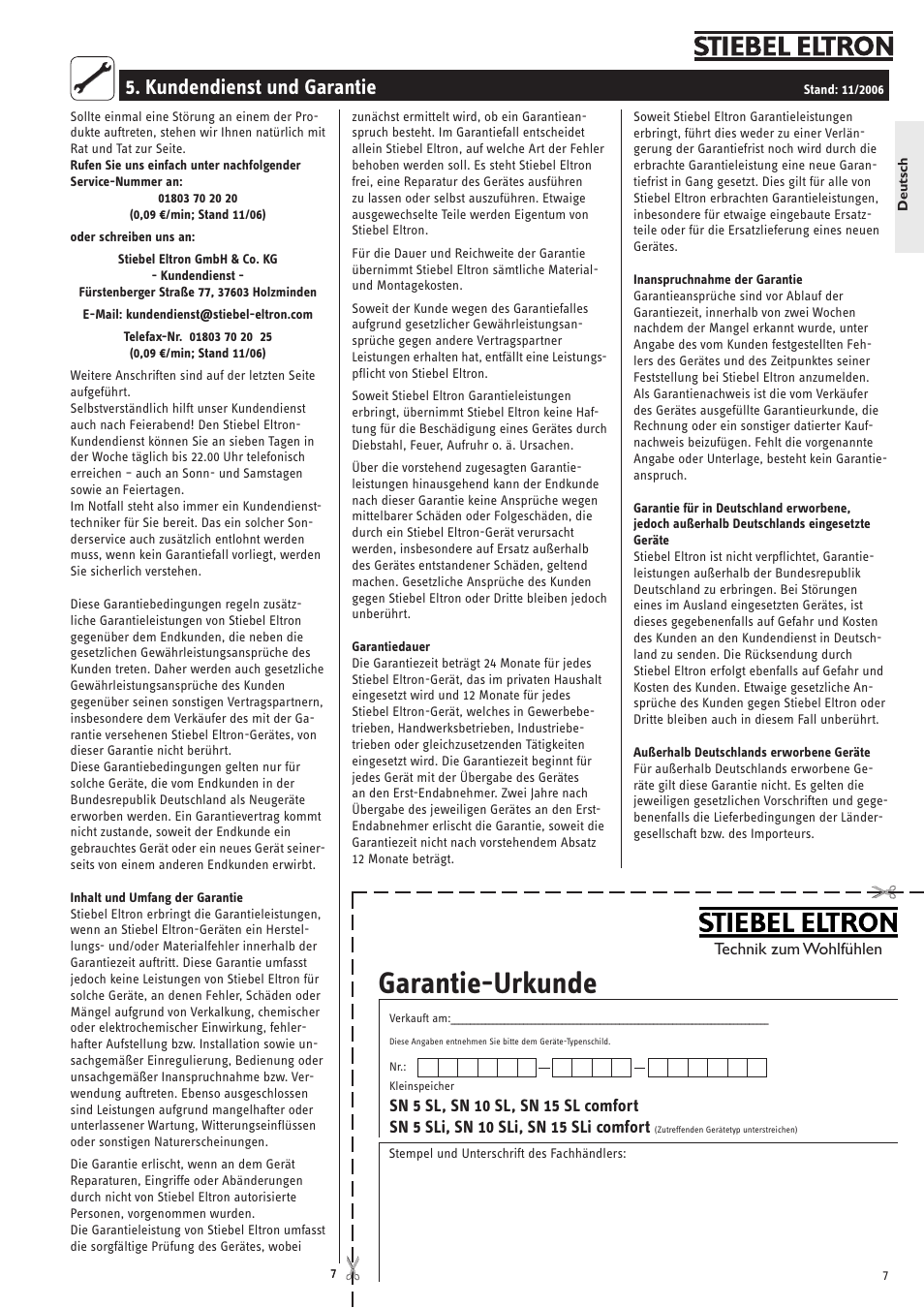 Garantie-urkunde, Kundendienst und garantie | STIEBEL ELTRON SN 5 SL User Manual | Page 7 / 34