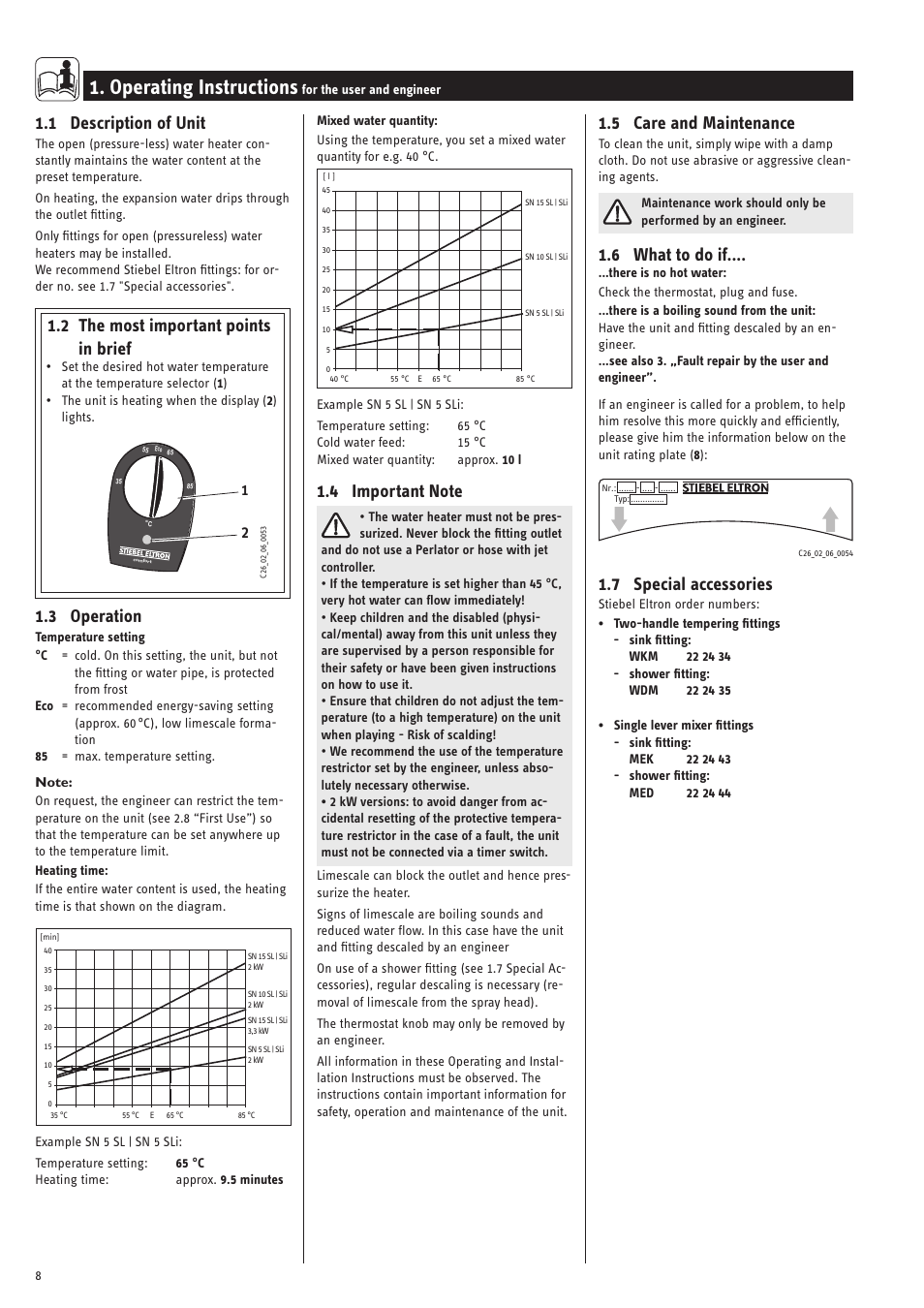 Operating instructions, 1 description of unit, 2 the most important points in brief | 3 operation, 5 care and maintenance, 6 what to do if, 7 special accessories | STIEBEL ELTRON SN 5 SL User Manual | Page 8 / 34