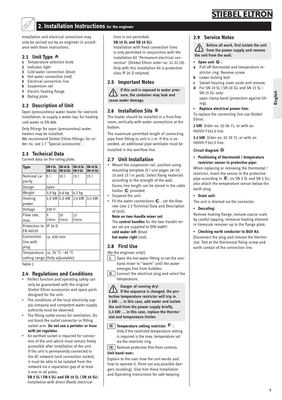 Installation instructions, 1 unit type, 2 description of unit | 3 technical data, 4 regulations and conditions, 6 installation site, 7 unit installation, 8 first use | STIEBEL ELTRON SN 5 SL User Manual | Page 9 / 34