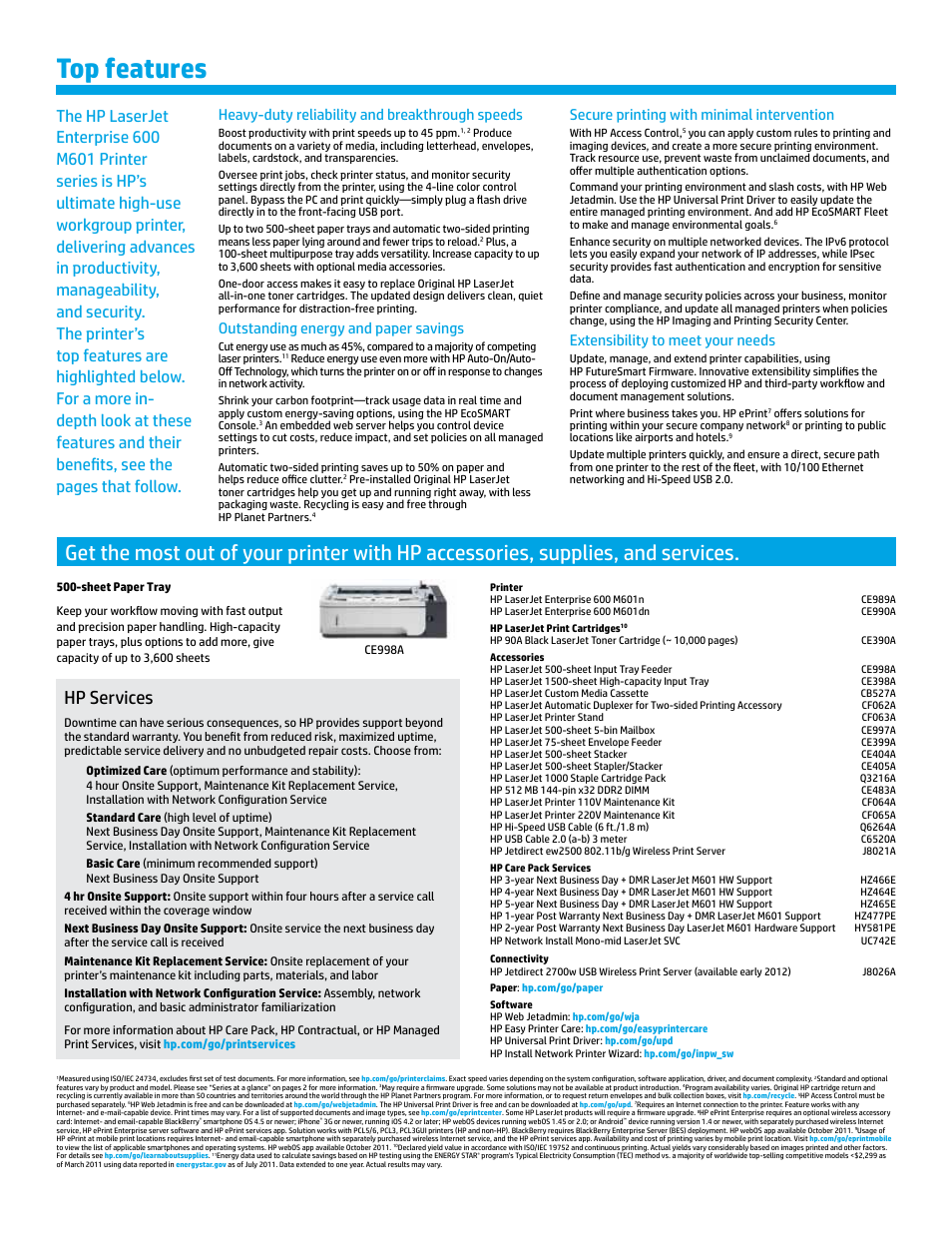 Top features, Hp services, Heavy-duty reliability and breakthrough speeds | Outstanding energy and paper savings, Secure printing with minimal intervention, Extensibility to meet your needs | TROY Group Hewlett-Packard LaserJet M601dn Datasheet User Manual | Page 3 / 4