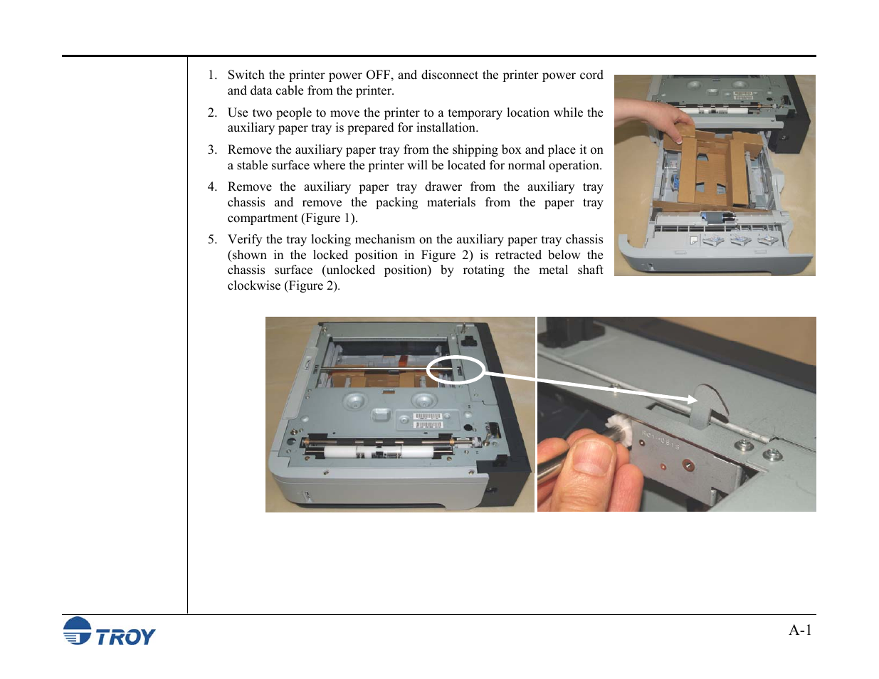 Appendix a auxiliary paper tray installation | TROY Group MICR_IRD M600 Security Printing Solutions series User’s Guide User Manual | Page 156 / 159