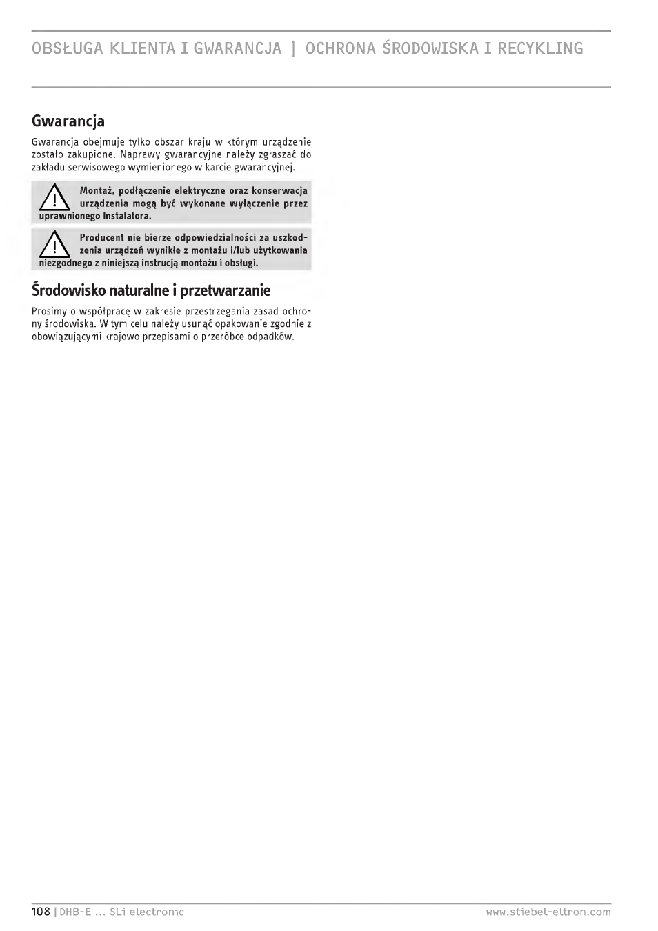 Gwarancja, Ârodowisko naturalne i przetvuarzanie | STIEBEL ELTRON DHB-E 13 SL User Manual | Page 108 / 168