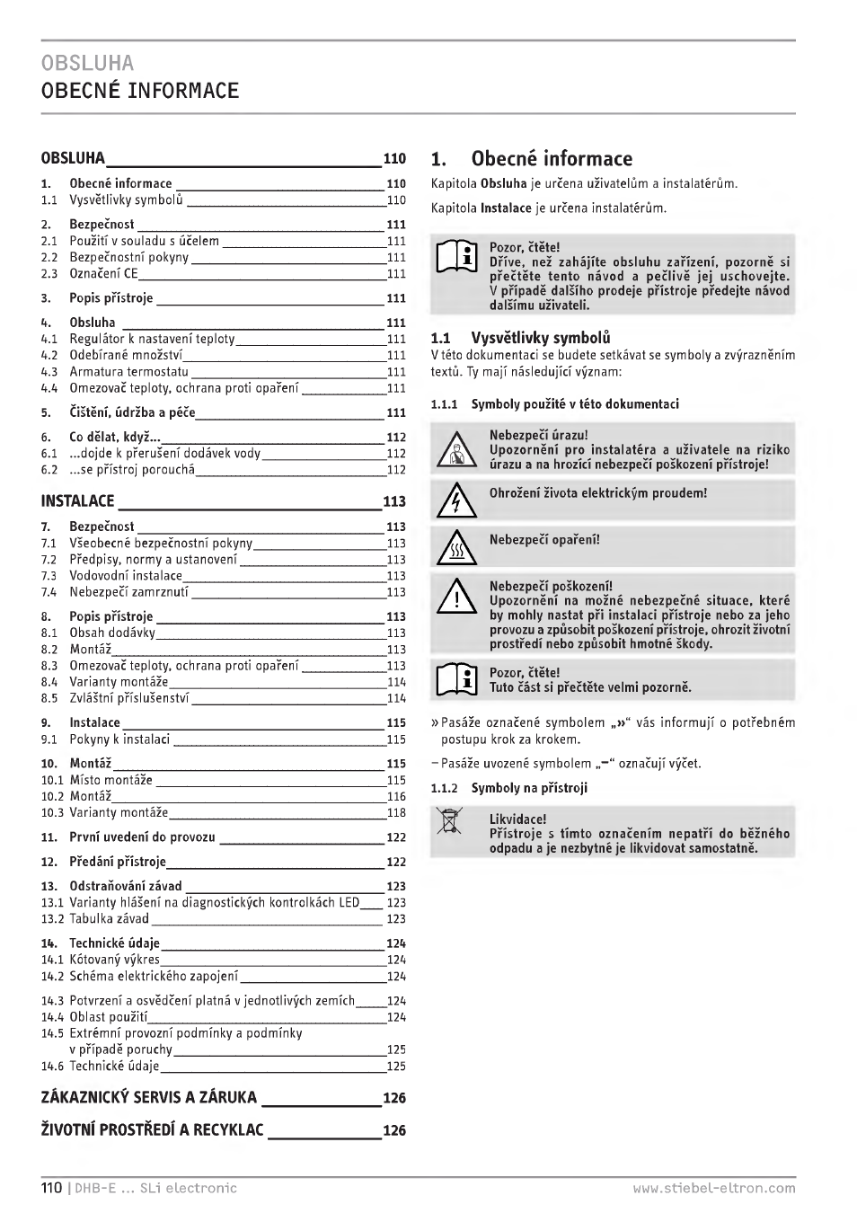 Obsluha obecné informace, Obecné informace, Obsluha | 1 vysvêtlîvkv symbolu, Instalace 113 | STIEBEL ELTRON DHB-E 13 SL User Manual | Page 110 / 168
