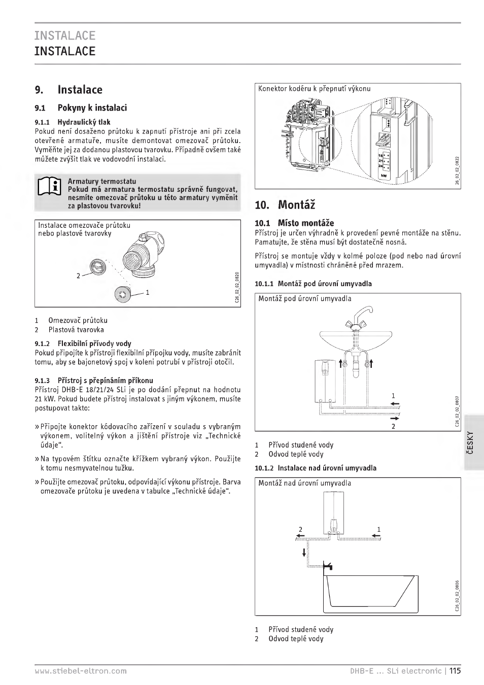 Instalace, 1 pokyny k instalaci, Montáz | 1 misto montáze, Instalace instalace 9. instalace | STIEBEL ELTRON DHB-E 13 SL User Manual | Page 115 / 168