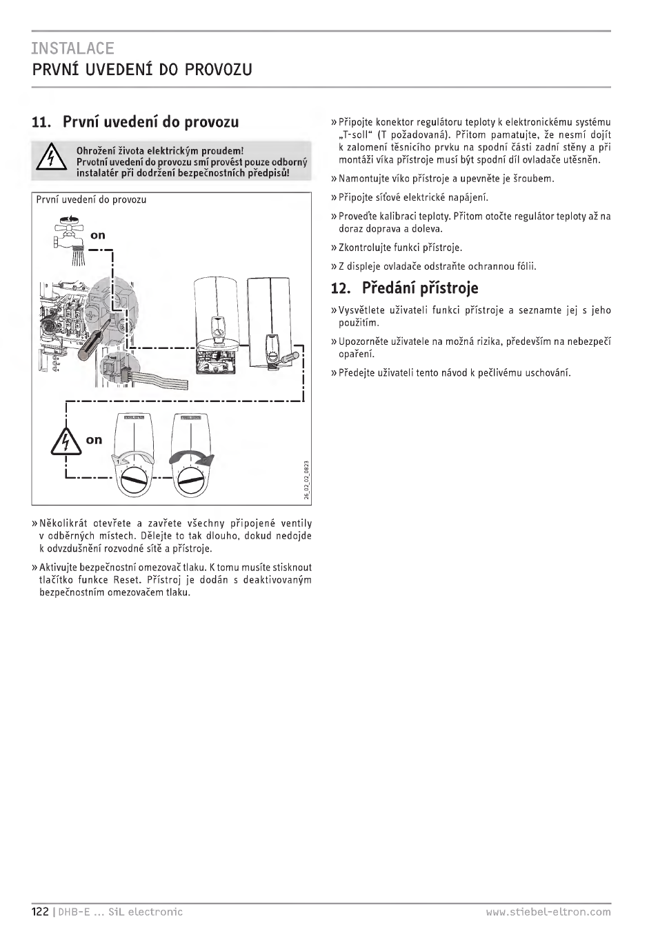 Instalace, První uvedení do provozu, Prvni uvedeni do provozu | Preda ni pristroje | STIEBEL ELTRON DHB-E 13 SL User Manual | Page 122 / 168