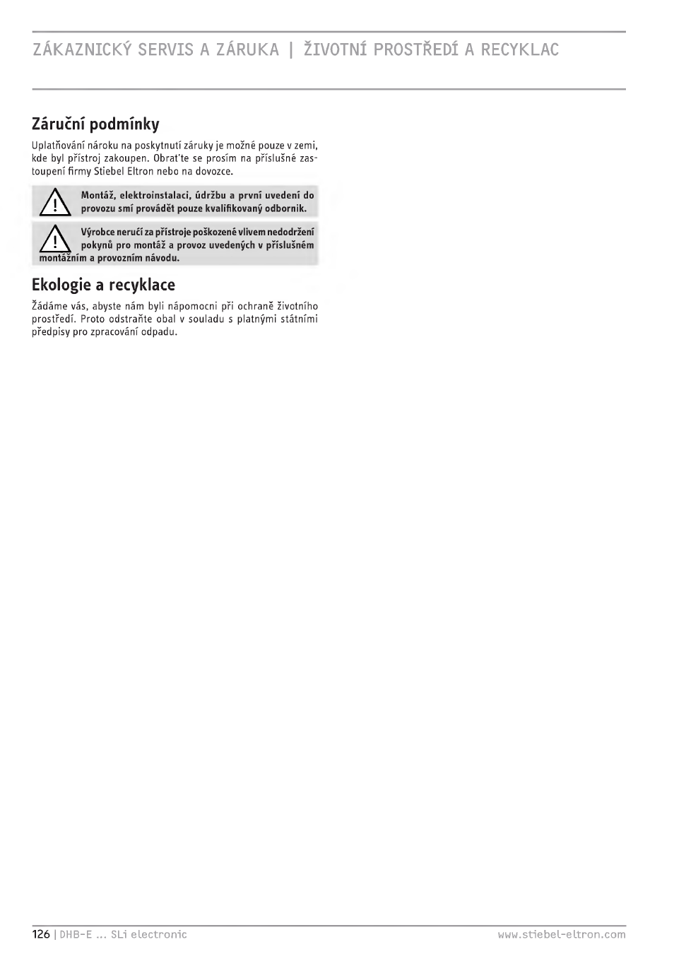 Zärucni podminky, Ekologie a recyklace | STIEBEL ELTRON DHB-E 13 SL User Manual | Page 126 / 168