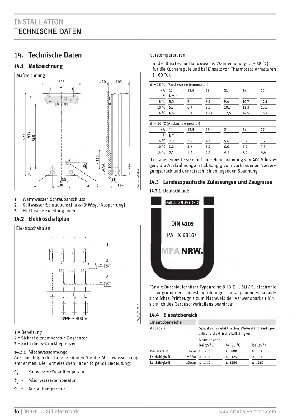 Installation technische daten, La. technische daten, 2 elekiroschaltplan | 3 landesspezifische zulassungen und zeugnisse, Installation technische daten la. technische daten, Eo •’c), 4 einsaizbereich, Maßzeichnung | STIEBEL ELTRON DHB-E 13 SL User Manual | Page 16 / 168