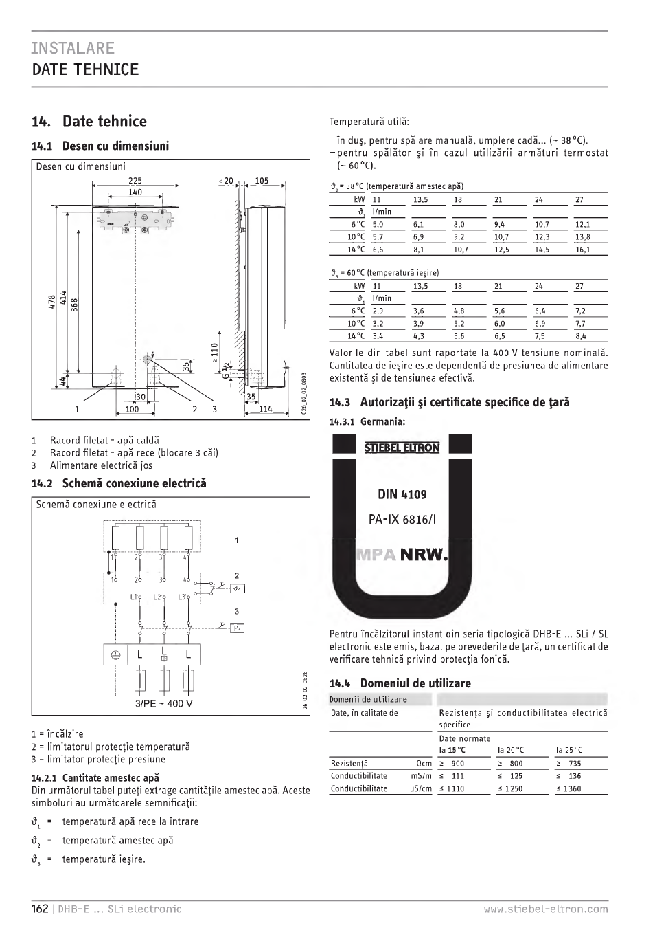 Instalare date te h nic e, 1u.2 schema conexiune electrica, Ichl | L<».3 autoriza^ii §i certificate specìfice de tara, T ° î, Ìi|a:ja«4kl;(«j, Date tehníce, R: i | STIEBEL ELTRON DHB-E 13 SL User Manual | Page 162 / 168
