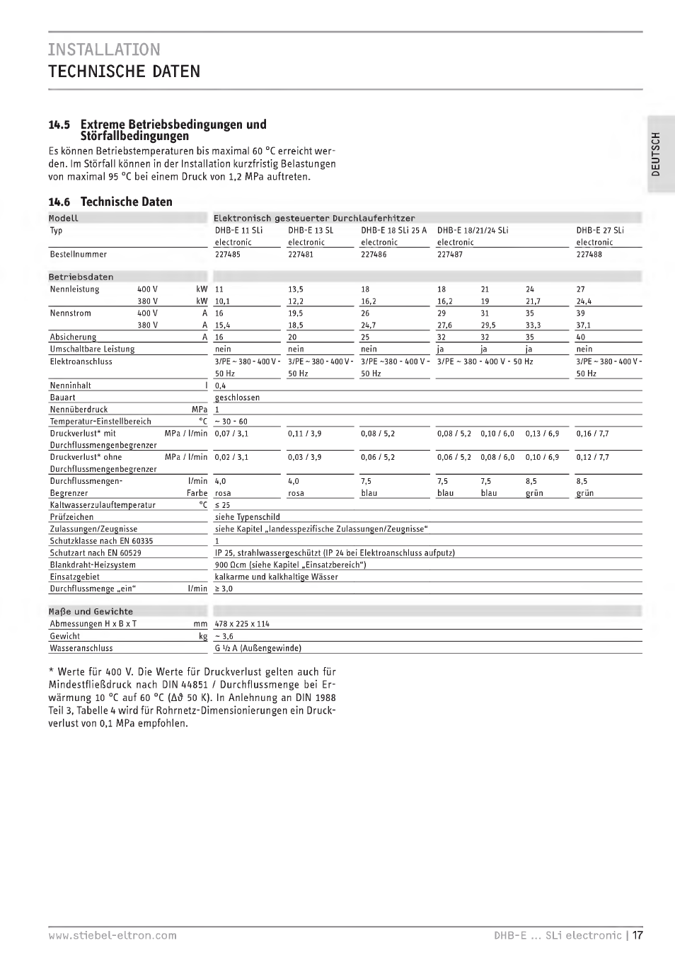 Installation technische daten, Lb.6 technische daten | STIEBEL ELTRON DHB-E 13 SL User Manual | Page 17 / 168