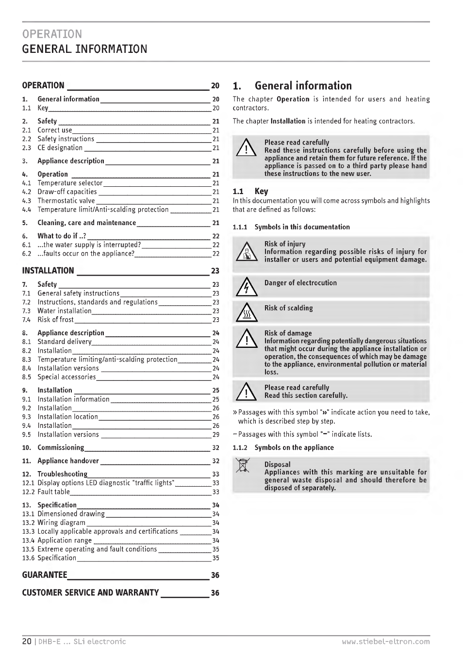 Operation general information, General information, Operation | Installation, Guarantee 36 customer service and warranty | STIEBEL ELTRON DHB-E 13 SL User Manual | Page 20 / 168