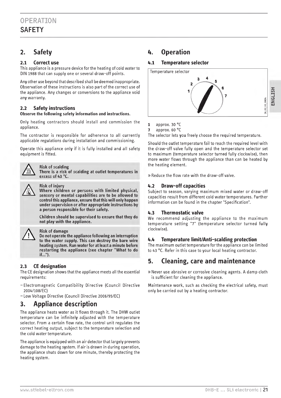 Operation, Safety, 1 correct use | 2 safety instructions, S ce designation, Appliance description, F. operation, Кл temperature selector, 2 draw-off capacifies, Кл therrnostatic valve | STIEBEL ELTRON DHB-E 13 SL User Manual | Page 21 / 168