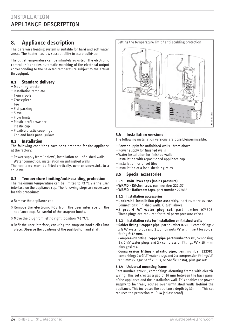Appliance description, 2 installation, 3 temperature limiting/anti-scalding protection | F» installation versions, 5 special accessories, 1 standard delivery | STIEBEL ELTRON DHB-E 13 SL User Manual | Page 24 / 168