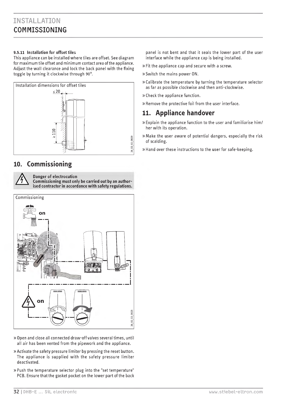 Installation, Commissionino, Commissioning | Appliance handover, Installation commissionino | STIEBEL ELTRON DHB-E 13 SL User Manual | Page 32 / 168